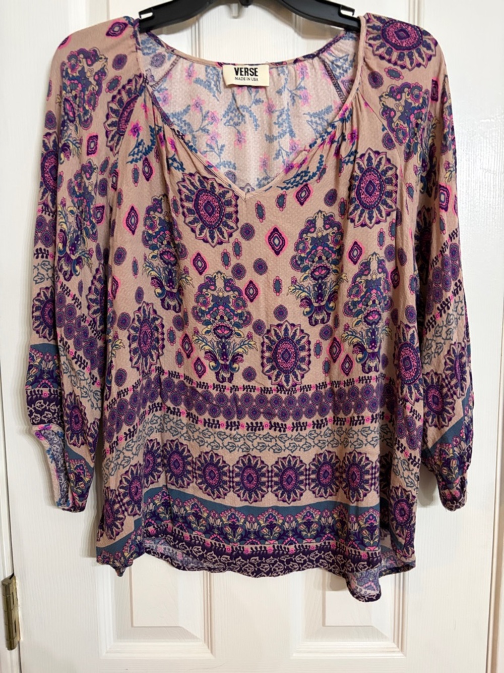Verse Taupe Floral V-Neck Tunic with Purple Accents